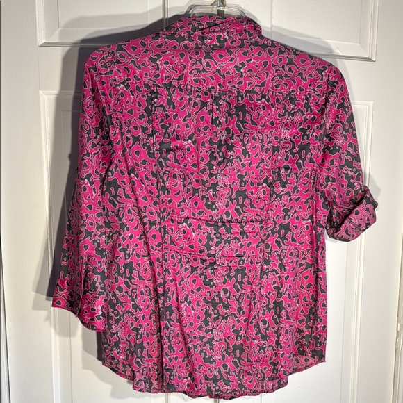 EUC Calvin Klein Pink & Gray Collared Button Cotton Blouse Convertible Sleeve - Picture 2 of 8